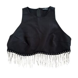 Black Sleeveless Top with Fringe Detail